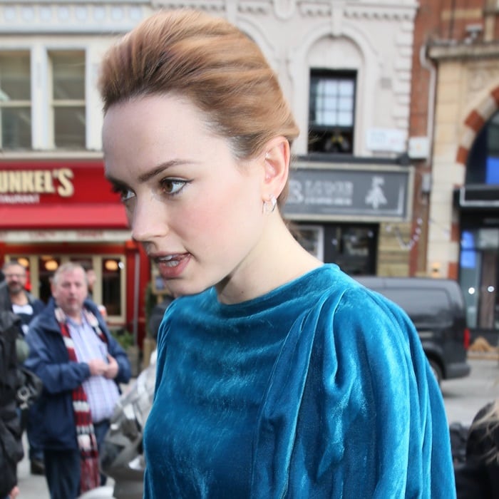 Daisy Ridley showing off her new lighter strawberry blonde hair color while heading into Global studios in London on March 9, 2018