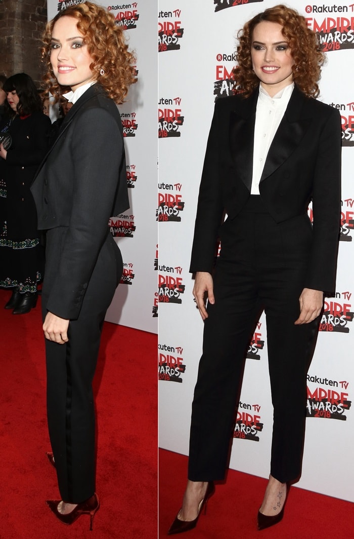 Daisy Ridley in a stylish black Sara Battaglia Pre-Fall 2018 two-piece tuxedo