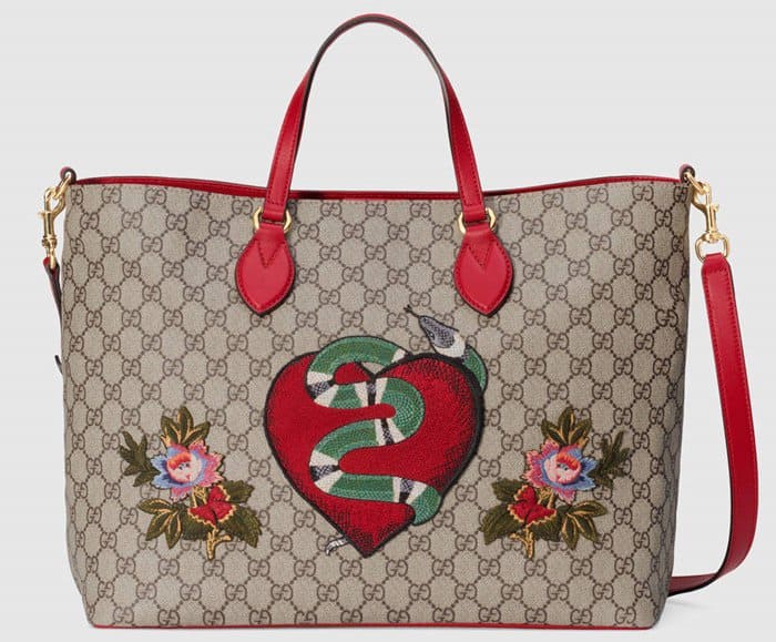 Gucci Limited Edition Soft GG Supreme Tote featuring an embroidered snake-heart motif, flowers, and contrasting red leather trim