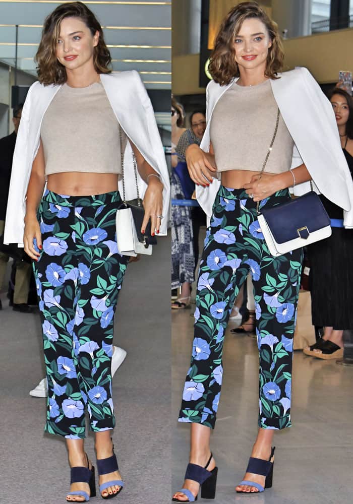 Miranda Kerr showcases a stylish floral ensemble, wearing cropped Ann Taylor pants paired with color-block Salvatore Ferragamo 'Elba' sandals