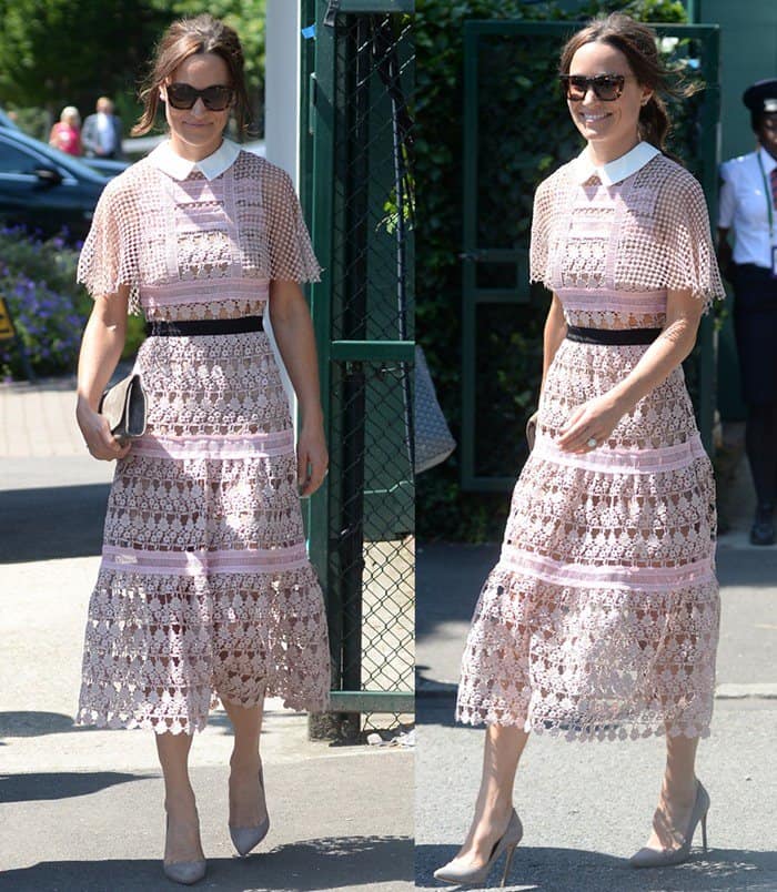 Pippa Middleton attends Wimbledon on Day 3, July 5, 2017, wearing Zanzan Apache sunglasses, a Self-Portrait Floral Vine Cape midi dress, and accessorizing with an Emmy London Natasha clutch and Rebecca pumps, both in steel suede