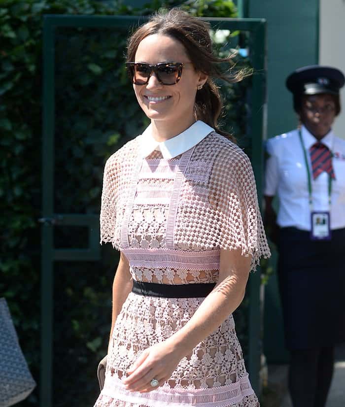 Pippa Middleton is seen with a relaxed, wavy hairstyle and minimal makeup, highlighting her natural beauty
