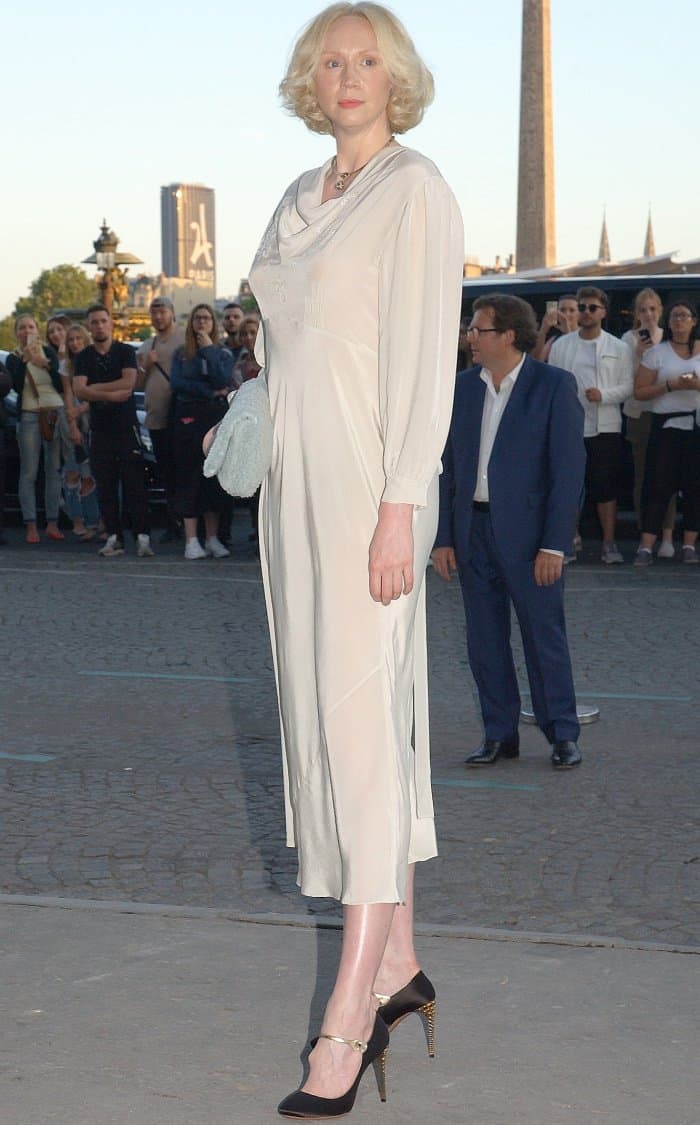 Gwendoline Christie attending the Miu Miu Cruise 2018 fashion show during Paris Haute Couture Fashion Week