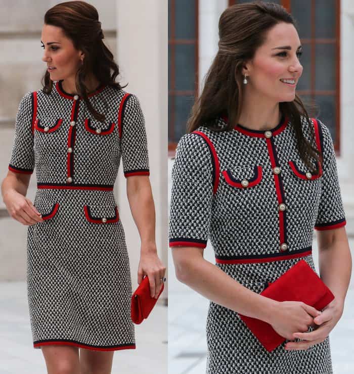 While her look gives the impression of a separate jacket and skirt, the Duchess is actually wearing a single piece: her Gucci Pre-Fall 2017 dress