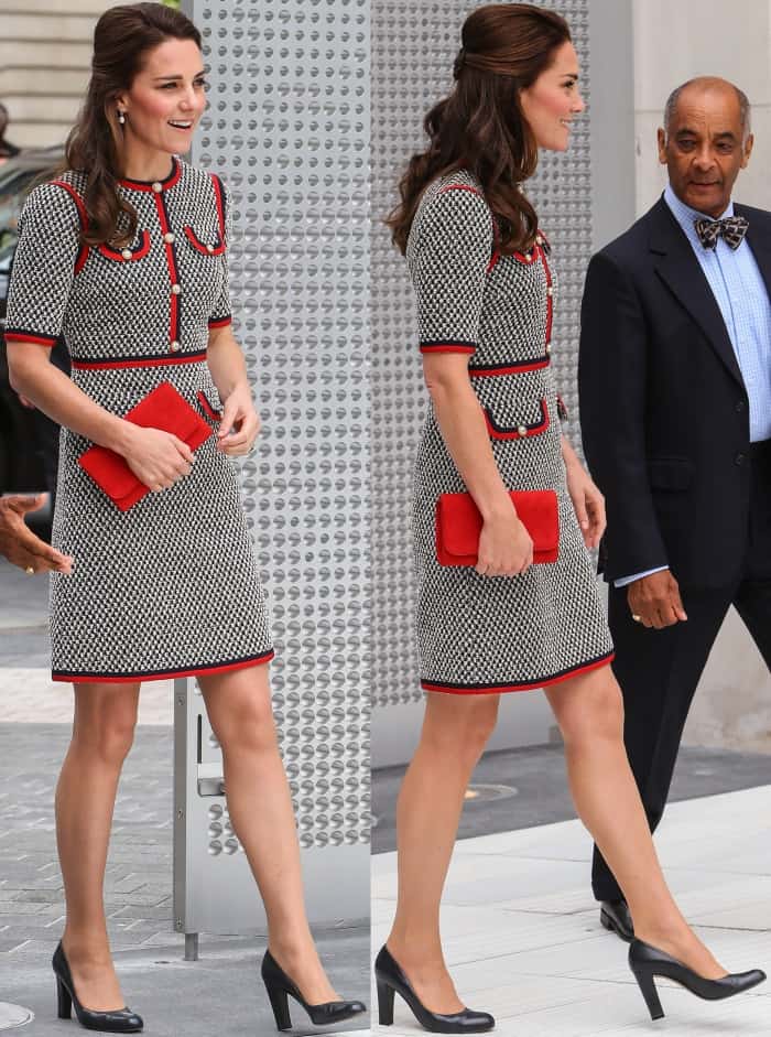 Kate Middleton paired her Gucci dress with classic L.K. Bennett 'Art' pumps and a vibrant Emmy London clutch, creating a polished and coordinated look for her royal engagement