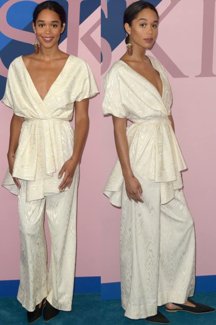 Laura Harrier brings effortless elegance to the 2017 CFDA Fashion Awards in a textured ivory Rosie Assoulin jumpsuit, paired with sleek black pointed-toe flats that subtly ground the look