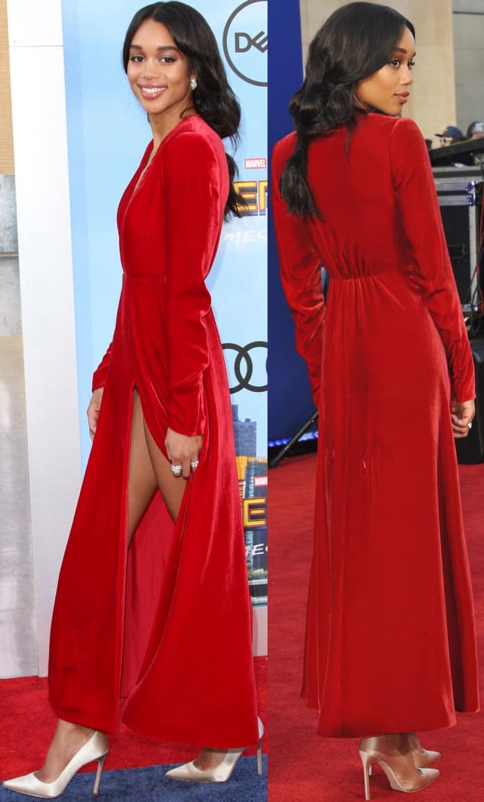 In the back view of her striking Calvin Klein velvet gown, Laura Harrier showcased soft, vintage-inspired waves cascading over her shoulders, perfectly complementing the dramatic plunge and fluid silhouette of the dress
