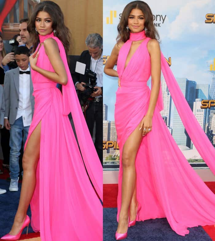 Zendaya in a pink Ralph Russo Couture gown and pink Casadei "Blade" satin pumps at the "Spider-Man: Homecoming" LA premiere