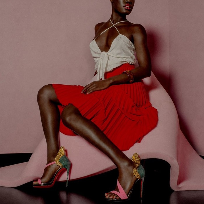 'Colankle' Ruffle Red Sole Sandals in Sumptuous Material Mix