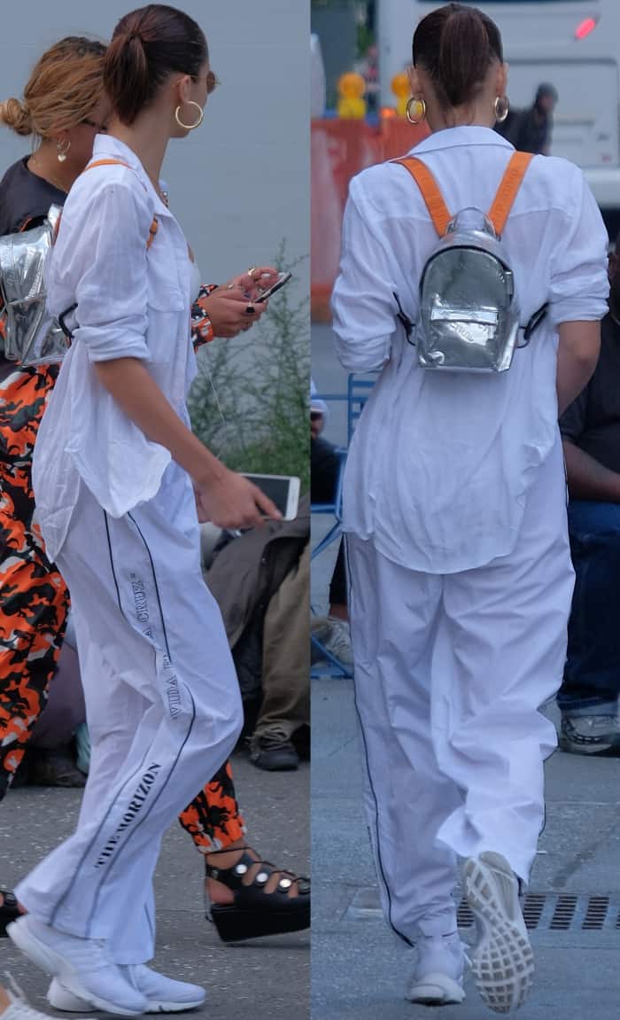 Bella Hadid wearing a Splits59 sports bra, Hyein Seo track pants, and Nike "Air Presto Flyknit Ultra" sneakers while out and about in New York City