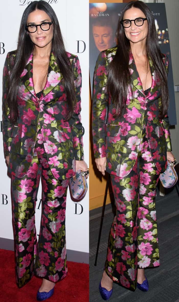Demi Moore embraced power dressing at the New York premiere of Blind, wearing a striking floral Gucci Fall 2017 suit styled with vivid Christian Louboutin "Aketi" pumps for an unexpected burst of color