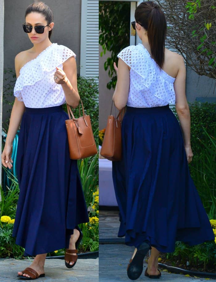 Emmy Rossum wearing a Tory Burch top, M. Martin skirt, and leather slides at Jennifer Klein's 19th Annual Day of Indulgence Party