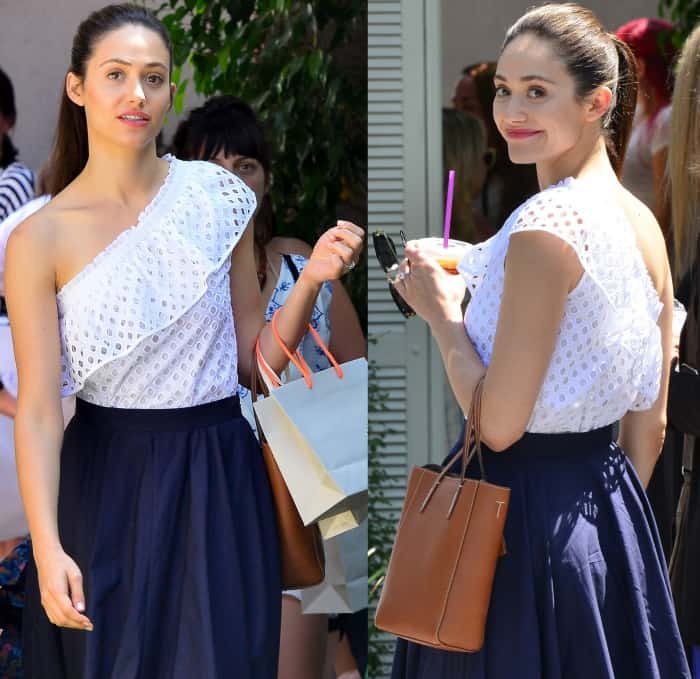 Emmy Rossum wearing a Tory Burch top and M. Martin skirt at Jennifer Klein's 19th Annual Day of Indulgence Party