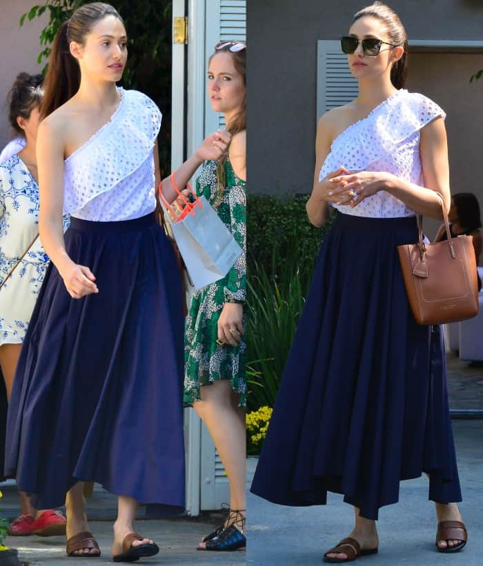 Emmy Rossum wearing a Tory Burch top, M. Martin skirt, and leather slides at Jennifer Klein's 19th Annual Day of Indulgence Party