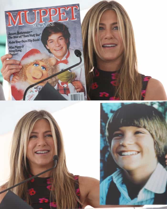 Jennifer Aniston adds a playful twist to Jason Bateman's July 2017 Hollywood Walk of Fame ceremony, humorously showcasing a vintage Muppet Magazine and a childhood photo