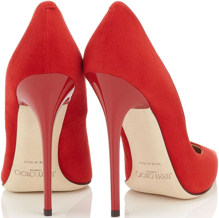 Rear view of Jimmy Choo Anouk suede pumps showing sleek, high stiletto heel