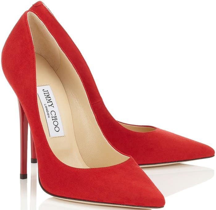 Side profile of Jimmy Choo Anouk pumps in red suede with 120mm stiletto heel
