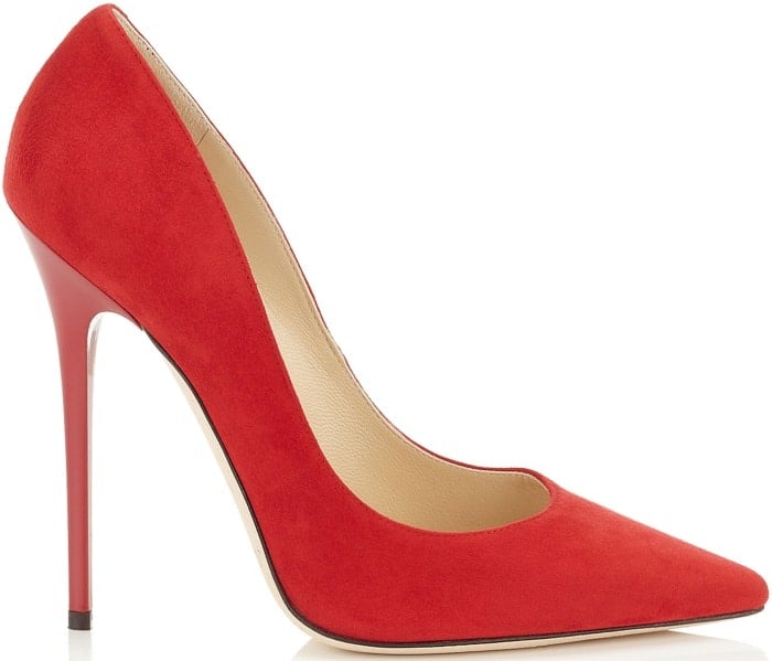 Jimmy Choo Anouk red suede pumps with pointed toe and glossy finish