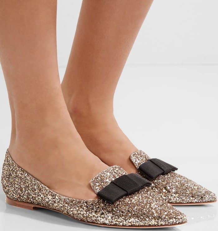 Jimmy Choo “Gala” flats in gold glittered leather
