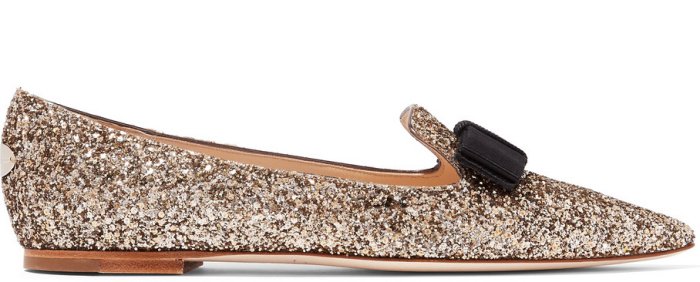 Jimmy Choo “Gala” flats in gold glittered leather