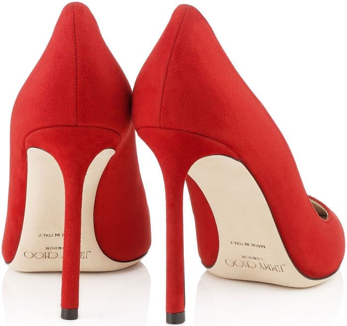 Back view of Jimmy Choo Romy pumps in red suede, highlighting the rounded heel structure