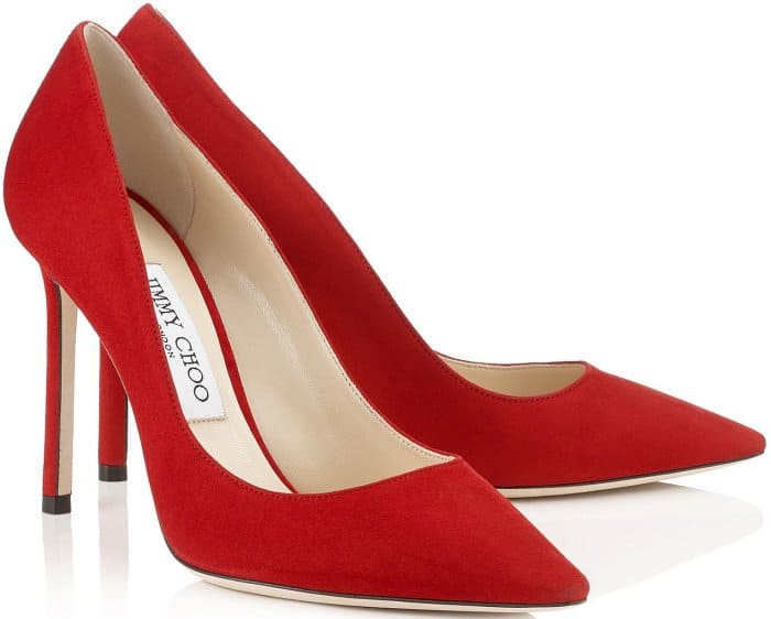 Side angle of Jimmy Choo Romy suede pumps featuring softer toe and mid-height heel