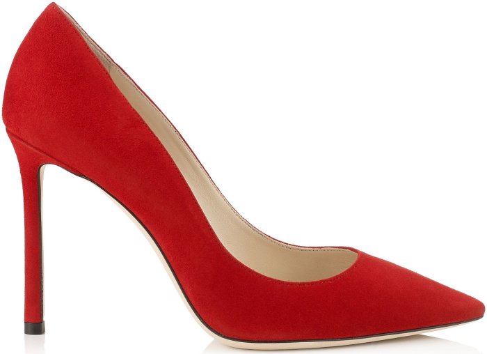 Jimmy Choo Romy pumps in red suede with a classic silhouette and comfortable fit