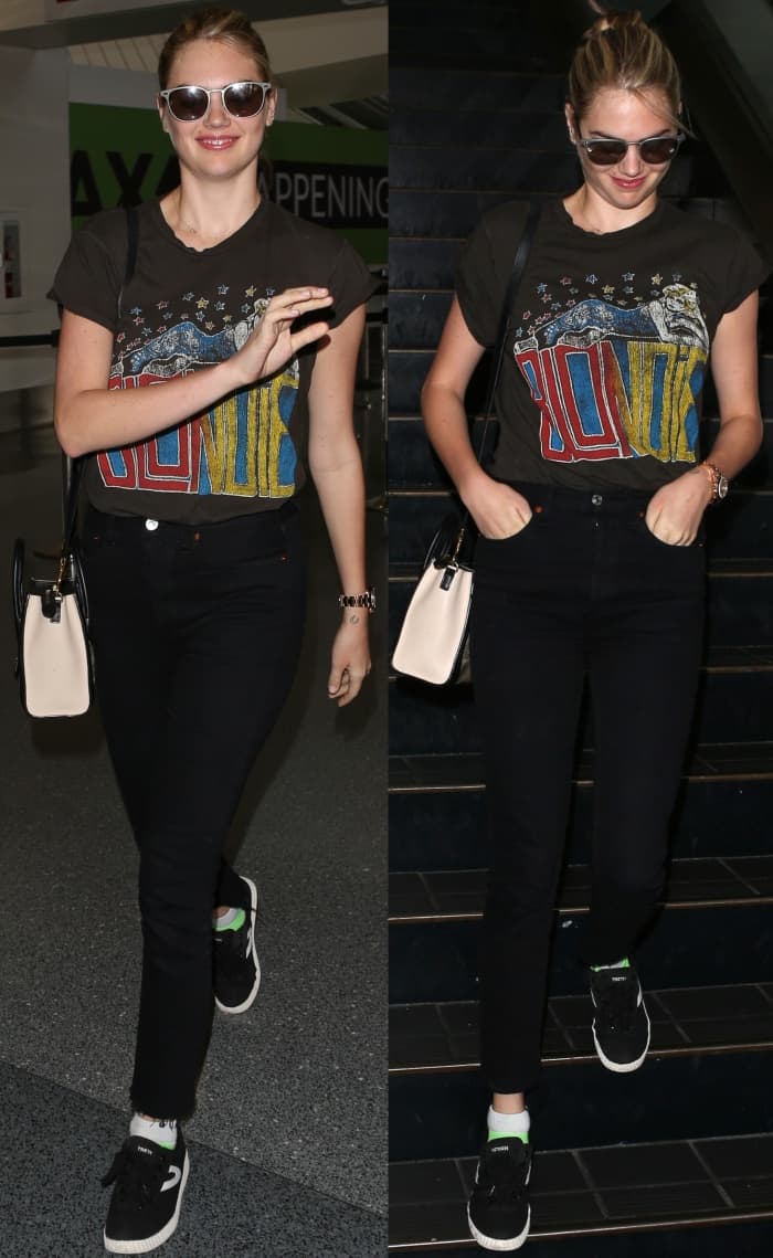 Kate Upton arriving at LAX in a vintage Blondie shirt, skinny jeans, and Tretorn "Nylite Plus" sneakers