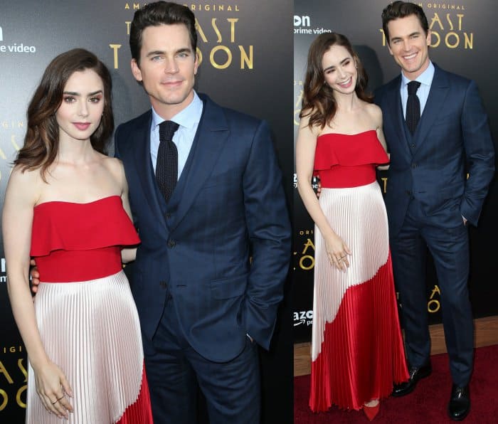 Lily Collins poses with co-star Matt Bomer, who wore Ermenegildo Zegna, at the premiere of The Last Tycoon