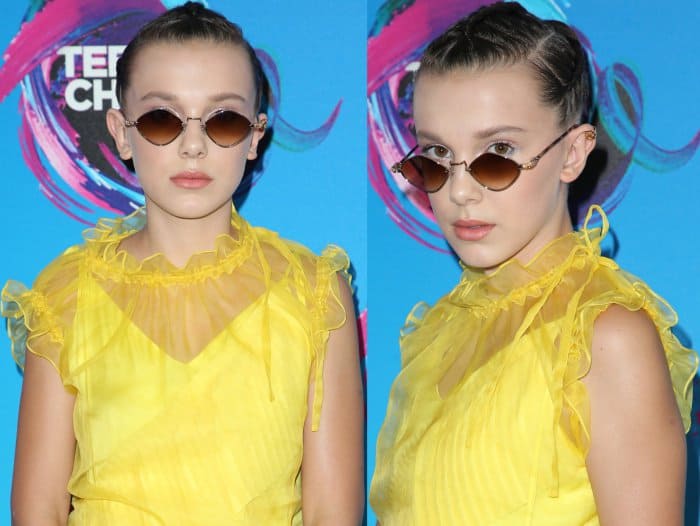 A side-by-side close-up highlights the delicate neckline ruffles and retro round Chrome Hearts sunglasses that give the dress a slightly quirky, fashion-forward edge