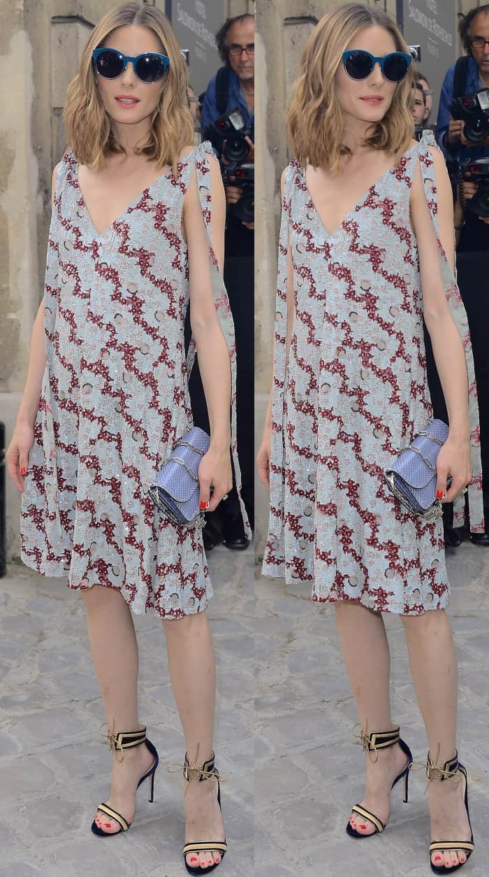 Olivia Palermo wearing a Valentino printed dress and Gianvito Rossi "Augusta" sandals at the Valentino Fall/Winter 2017 show during Paris Haute Couture Fashion Week