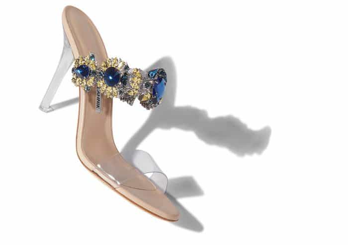 Rihanna x Manolo Blahnik “Bajan Princess” blue crystal and PVC detail high-heel mules