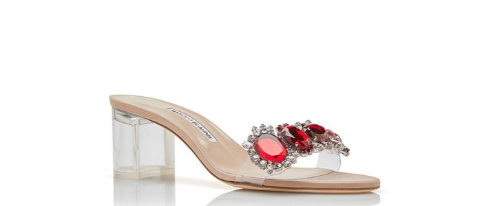 Rihanna x Manolo Blahnik “Spice” red crystal and PVC detail mid-heel mules