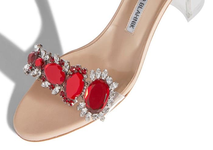 Rihanna x Manolo Blahnik “Spice” red crystal and PVC detail mid-heel mules