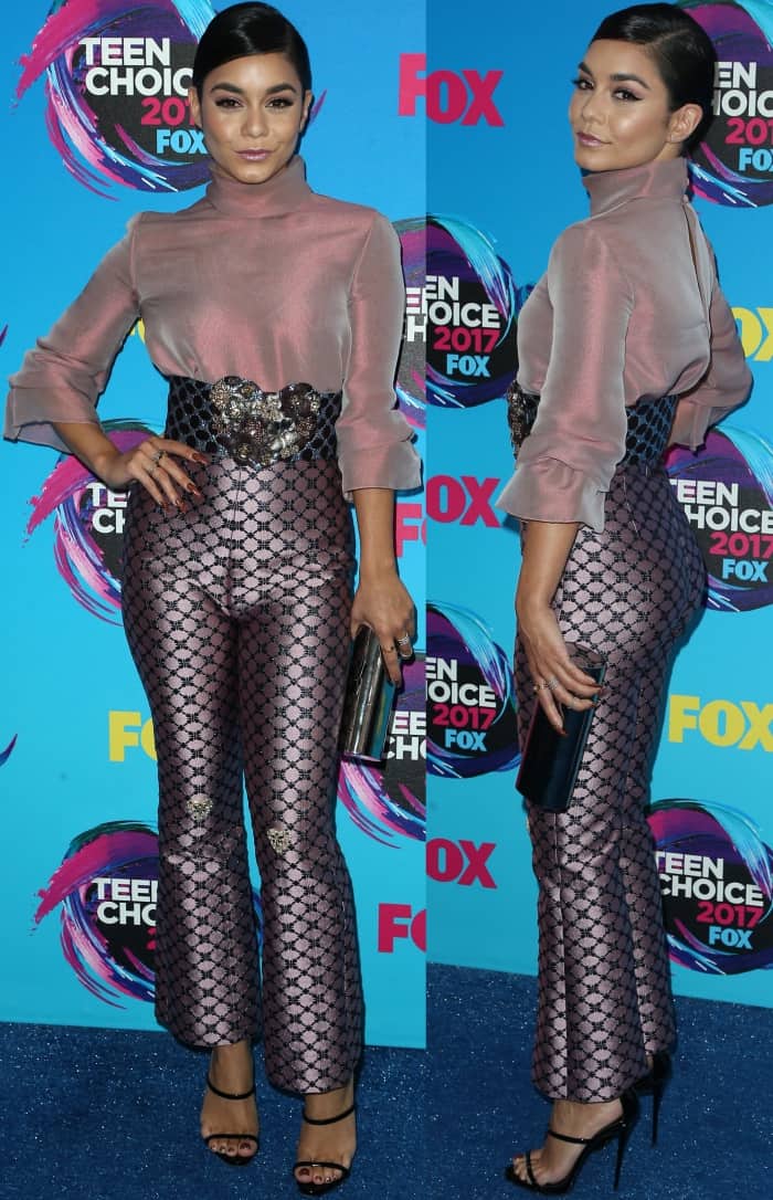Vanessa Hudgens wearing a Reem Acra Fall 2017 ensemble with Giuseppe Zanotti "Harmony" sandals at the 2017 Teen Choice Awards