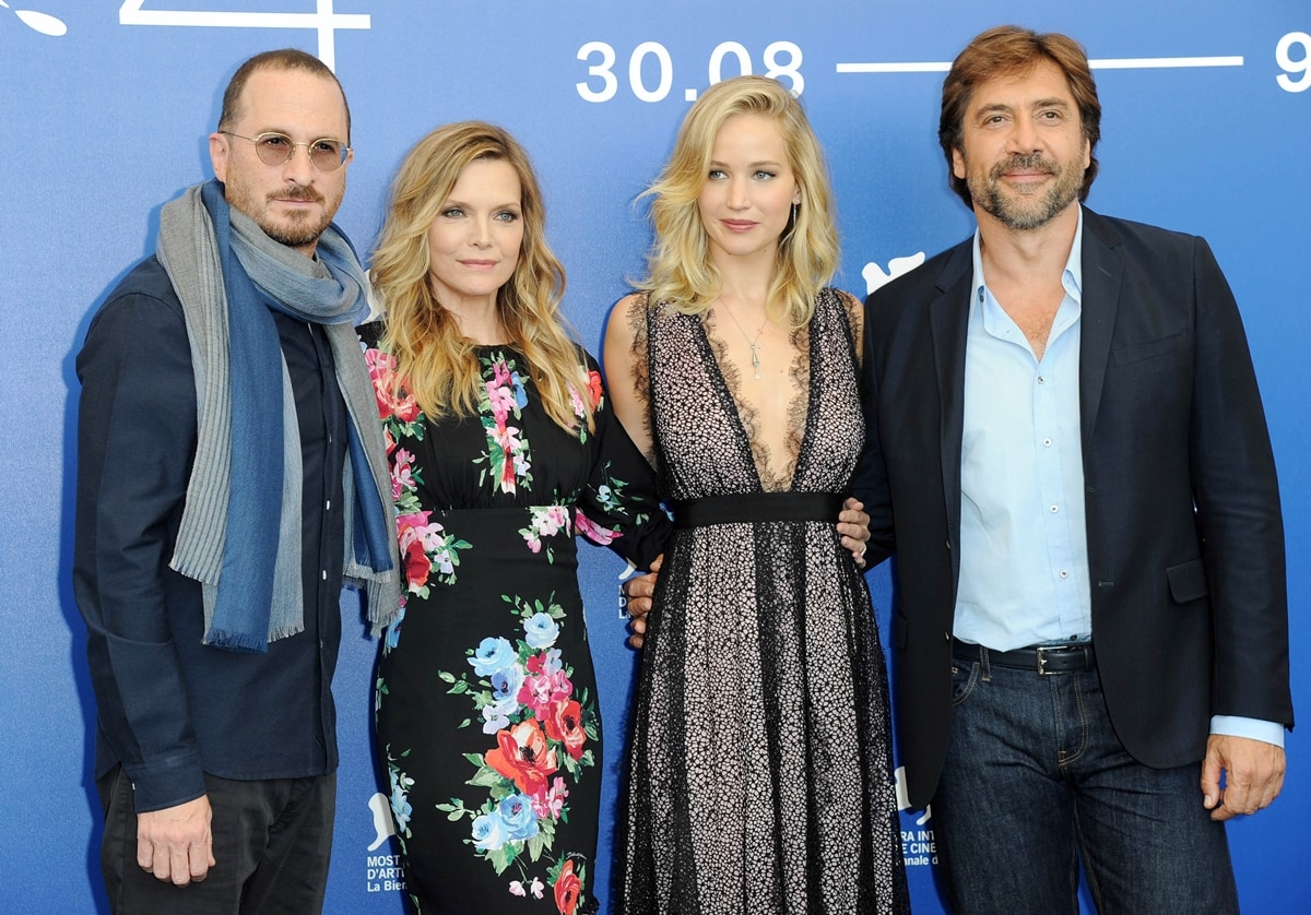 Darren Aronofsky, Javier Bardem, Jennifer Lawrence, and Michelle Pfeiffer attend the Mother! photocall during the 74th Venice Film Festival