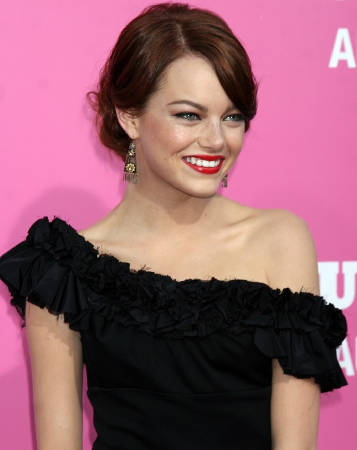 Emma Stone in a black structured dress at Columbia Pictures' premiere of "House Bunny" held at the Mann Village Theater on August 20, 2008 in Westwood, California