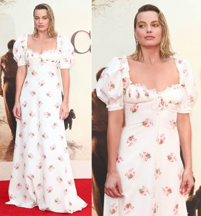 Margot Robbie wore a floral Brock Collection gown with puff sleeves and lace-trimmed detailing
