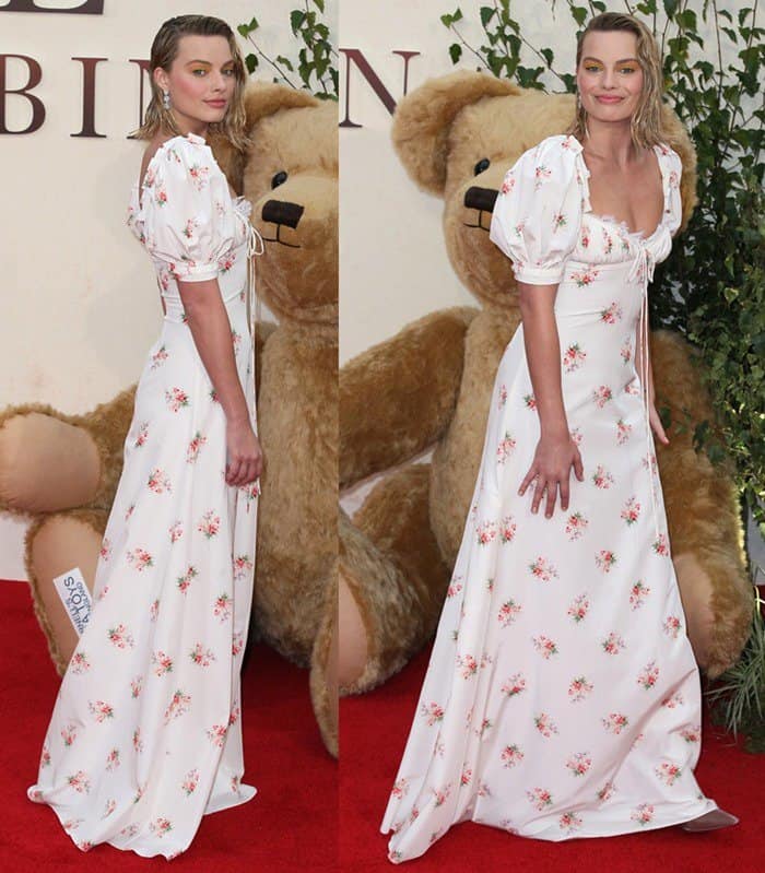 Margot Robbie styled her floral Brock Collection gown with pale pointed-toe pumps that subtly disappeared beneath the flowing hem