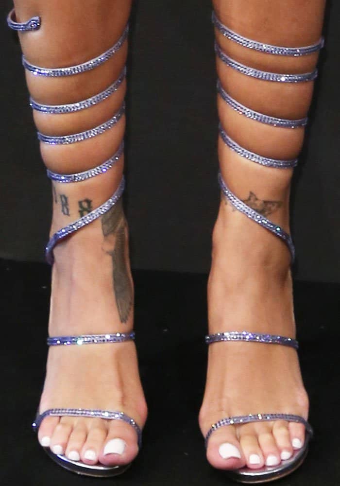 Rihanna shows off her feet in custom René Caovilla sandals in a matching lavender hue