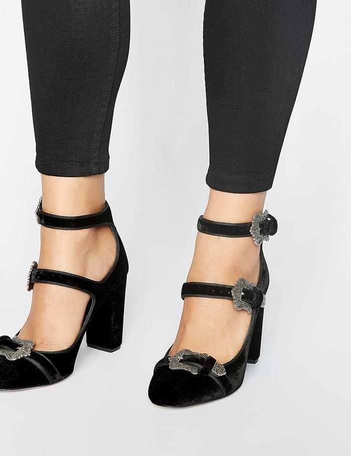 The Kooples’ black velvet Mary Jane pumps combined rounded toes, chunky heels, and crystal-accented buckles for a modern take on a classic silhouette