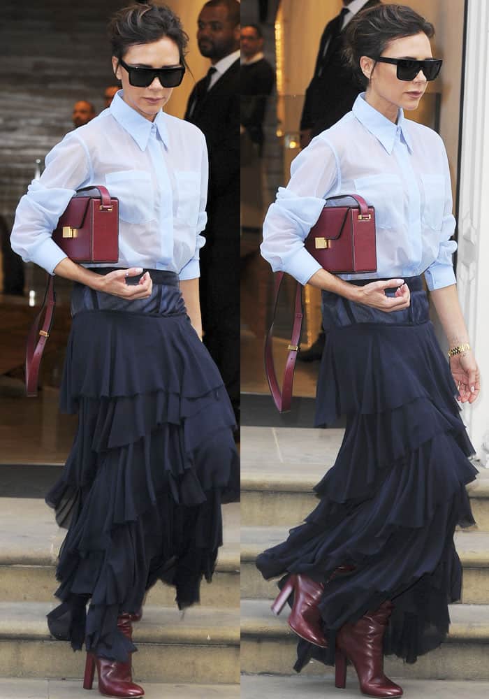 Victoria wears Victoria Beckham from head-to-toe