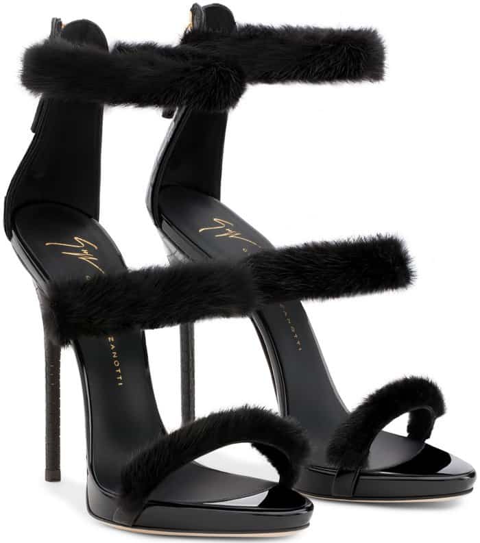 Giuseppe Zanotti "Harmony Winter" black patent leather sandals with mink fur