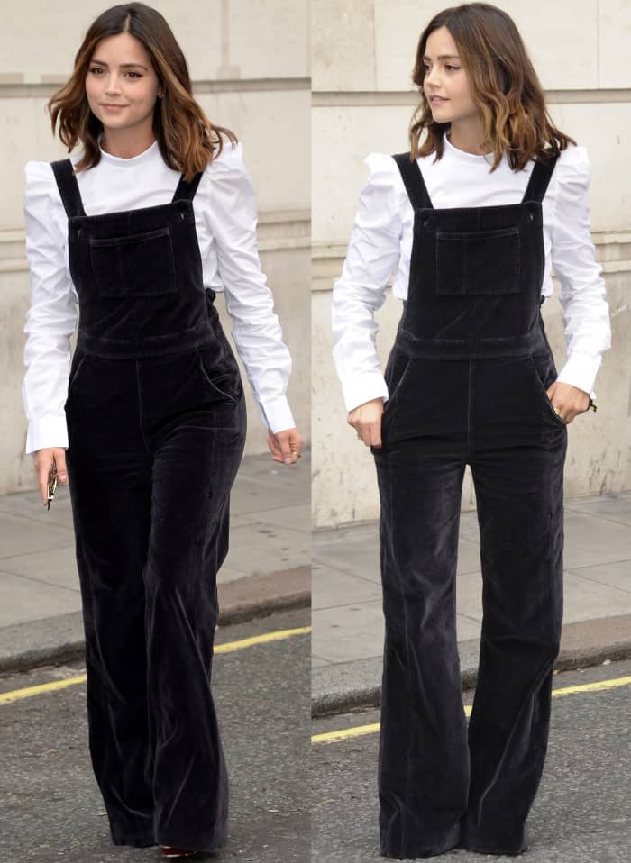 Jenna Coleman balanced a crisp white blouse with black velvet flared overalls, creating a polished daytime look that subtly elongated her petite 5'2" frame