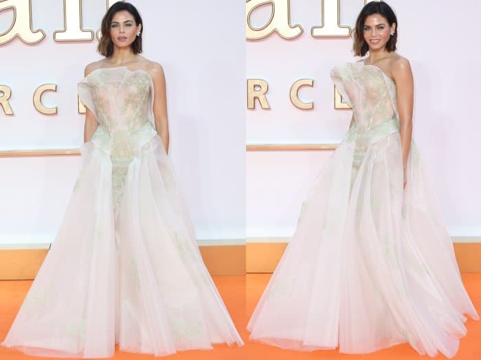 Jenna Dewan Tatum wearing a Zac Posen Spring 2017 gown and Jimmy Choo "Pearl" sandals at the "Kingsman: The Golden Circle" world premiere