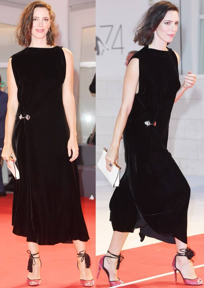 Rebecca Hall brought velvet sophistication to the “Three Billboards Outside Ebbing, Missouri” premiere during the 74th Venice Film Festival on September 4, 2017, in a black Monse Fall 2017 dress accented with asymmetrical embellishments, paired with raspberry velvet Pierre Hardy “Majorelle” lace-up sandals that added a bold pop of color