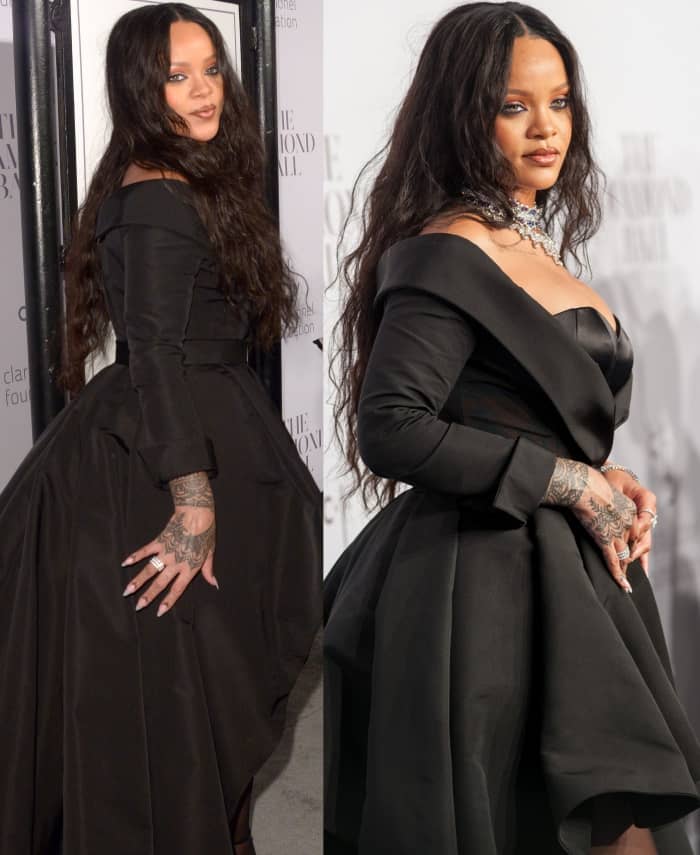 Rihanna wearing a custom black Ralph Russo Couture gown and Giuseppe Zanotti "Harmony" sandals at the 3rd Annual Diamond Ball