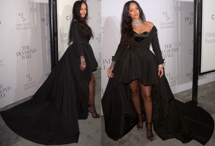 Rihanna wearing a custom black Ralph Russo Couture gown and Giuseppe Zanotti "Harmony" sandals at the 3rd Annual Diamond Ball