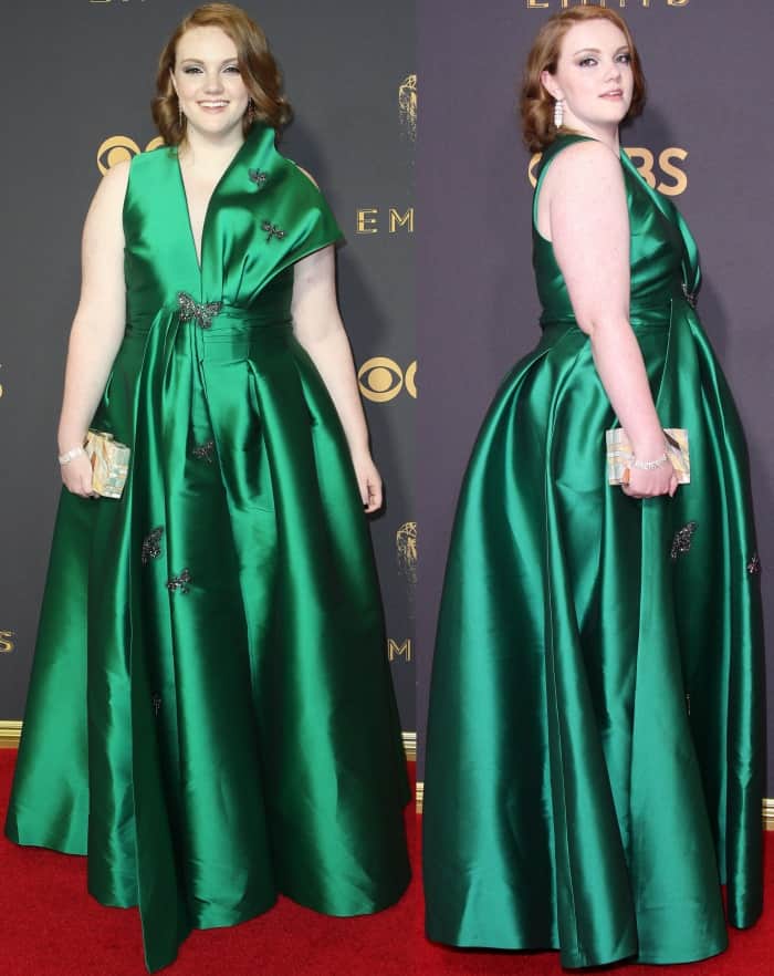 Shannon Purser wearing a custom emerald green Sachin Babi gown and L.K. Bennett shoes at the 69th Emmy Awards