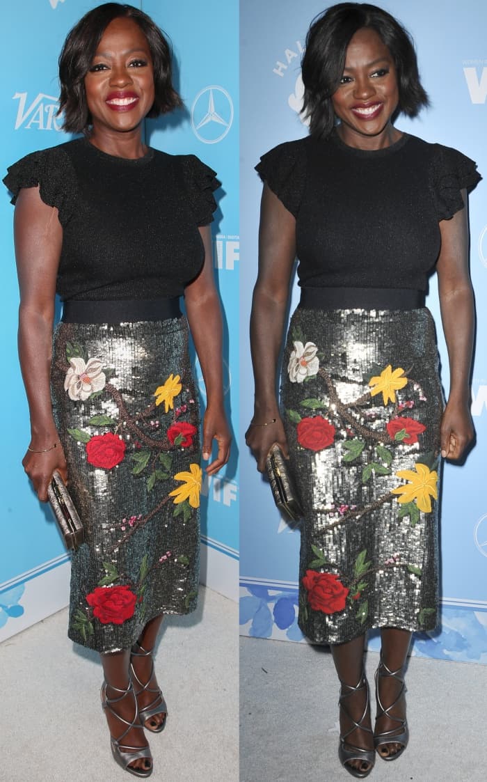 Viola Davis in an Alice + Olivia by Stacey Bendet Kenia ruffle sleeve sweater and Ella embellished skirt